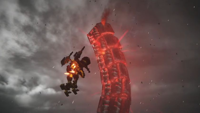 A mech flies near a giant robotic worm in Armored Core 6