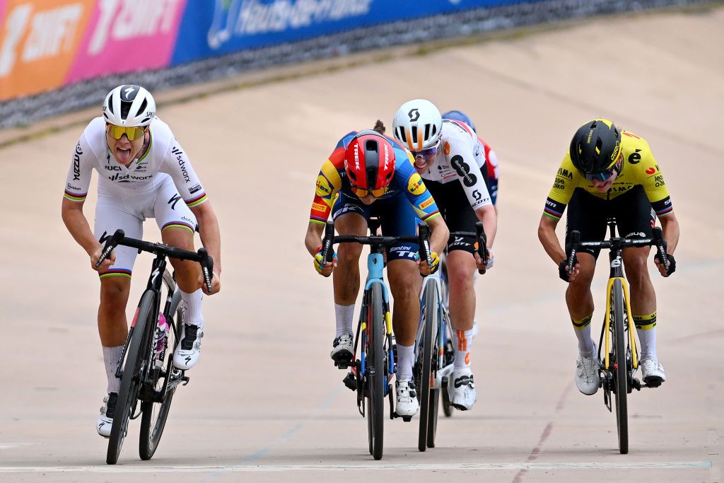 ROUBAIX FRANCE APRIL 06 EDITORS NOTE Alternate crop LR Lotte Kopecky of Belgium and Team SD Worx Protime Elisa Balsamo of Italy and Team Lidl Trek Pfeiffer Georgi of The United Kingdom and Team dsmfirmenich PostNL and Marianne Vos of The Netherlands and Team Visma Lease a Bike sprint at finish line to win the race in the Roubaix Velodrome Velodrome Andre Petrieux during the 4th ParisRoubaix Femmes 2024 a 1485km one day race from Denain to Roubaix on UCIWWT April 06 2024 in Roubaix France Photo by Luc ClaessenGetty Images