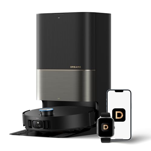 Dreame X50 Ultra Robot Vacuum and Mop docked in tall, black cleaning station, next to a pictured smartphone and smart watch against white background.
