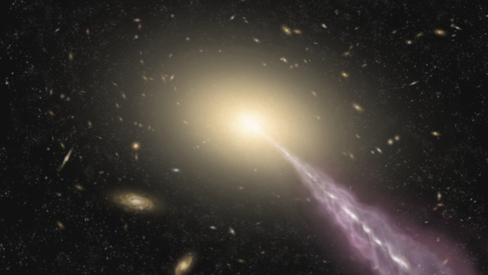 Artist&#039;s impression of an energy jet blasting out of quasar 3C 273