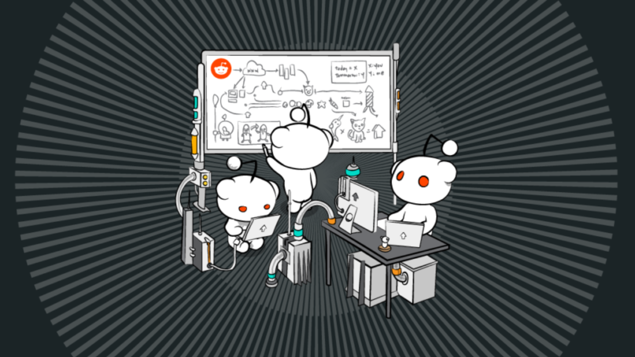Reddit figures working on computers and writing on a board, trying to work stuff out