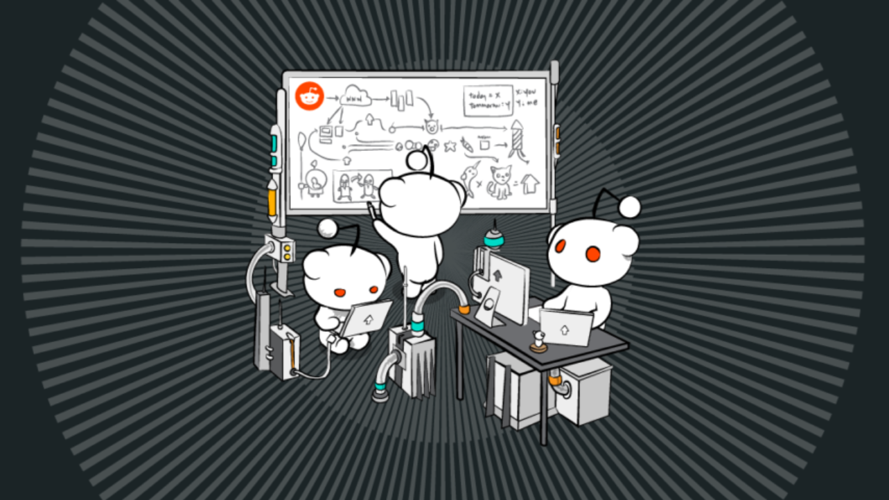 Figuras de Reddit trabajando en computadoras y escribiendo en una pizarra, tratando de resolver cosas