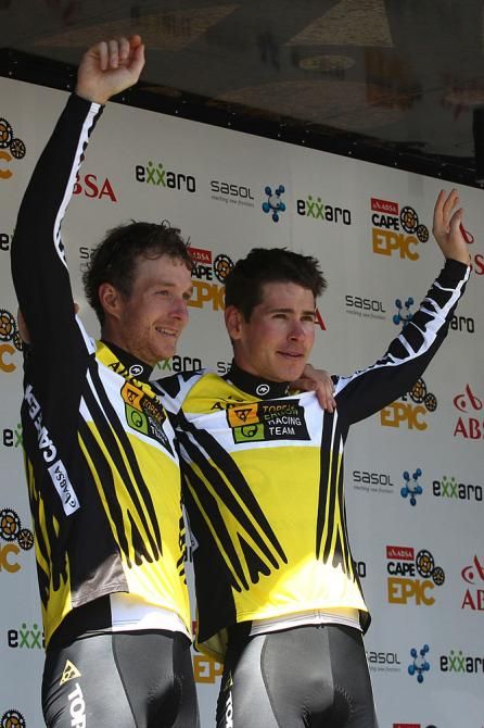Overall race leaders Kristian Hynek and Robert Mennen of Topeak-Ergon Racing