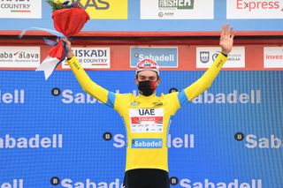 ONDARROA SPAIN APRIL 09 Podium Brandon Mcnulty of United States and UAE Team Emirates Yellow Leader Jersey Celebration during the 60th ItzuliaVuelta Ciclista Pais Vasco 2021 Stage 5 a 1602km stage from Hondarribia to Ondarroa Mask Covid Safety Measures itzulia ehitzulia on April 09 2021 in Ondarroa Spain Photo by David RamosGetty Images