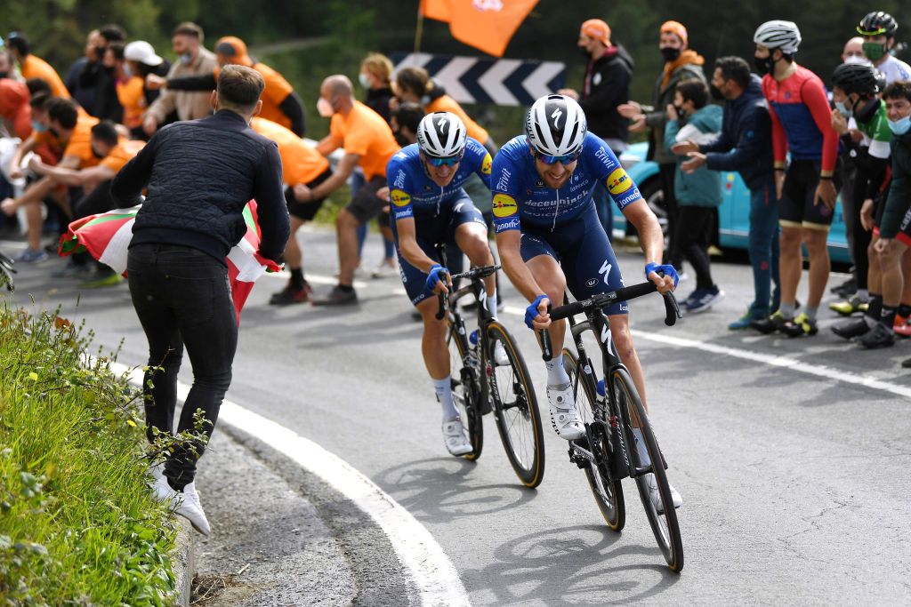 ONDARROA SPAIN APRIL 09 Josef Cerny of Czech Republic Mikkel Honor of Denmark and Team Deceuninck QuickStep during the 60th ItzuliaVuelta Ciclista Pais Vasco 2021 Stage 5 a 1602km stage from Hondarribia to Ondarroa Breakaway Fans Public itzulia ehitzulia on April 09 2021 in Ondarroa Spain Photo by David RamosGetty Images