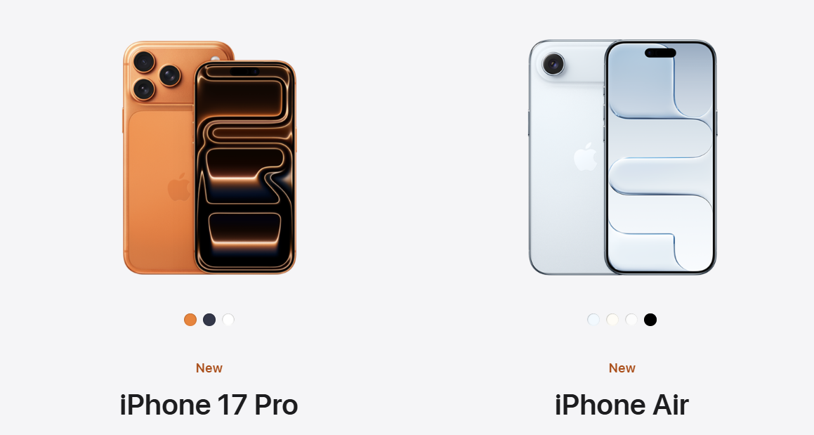 Product shots of iPhone 17 Pro and iPhone Air showing wallpaper with abstract type