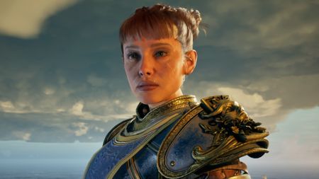 Solasta 2: A close up of a feminine character wearing armour against a cloudy sky.