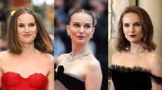 Trio of vertical images showing Natalie Portman