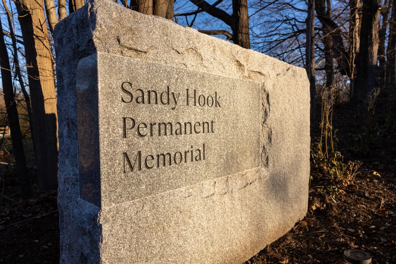 The new sign at the Sandy Hook memorial in Newtown, Connecticut. 