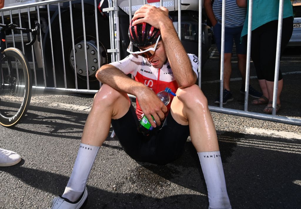 Cofidis teams French rider Benjamin Thomas reacts after competing in the 15th stage of the 109th edition of the Tour de France cycling race 2025 km between Rodez and Carcassonne in southern France on July 17 2022 Photo by Tim De Waele various sources AFP Photo by TIM DE WAELEAFP via Getty Images