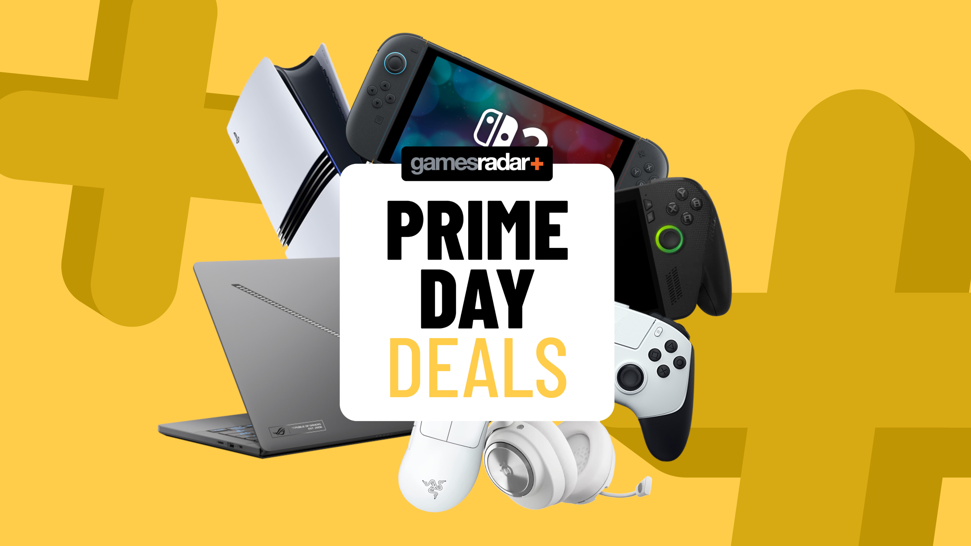 PS5, Nintendo Switch, PC, and Xbox gaming accessories on a yellow background with Prime Day deals badge