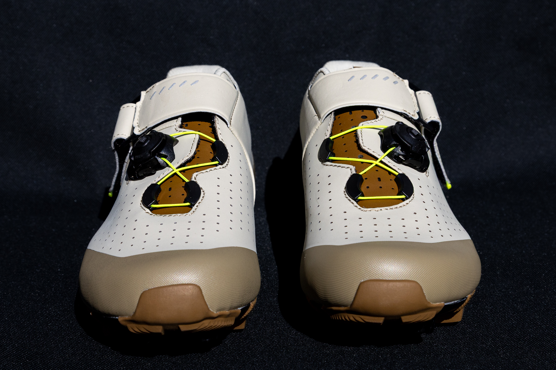 Beige Sidi Physis shoes from the front against a black background