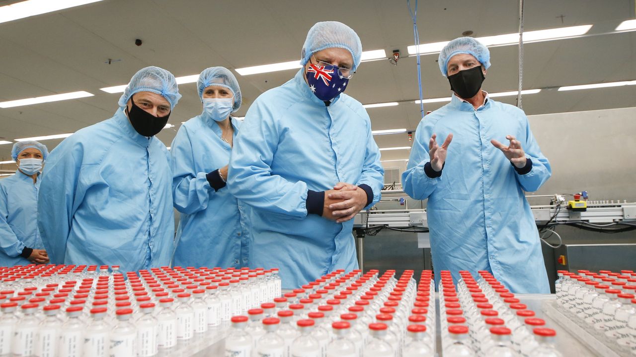 Australian Prime Minister Scott Morrison visits a facility producing the Oxford-AstraZeneca vaccine