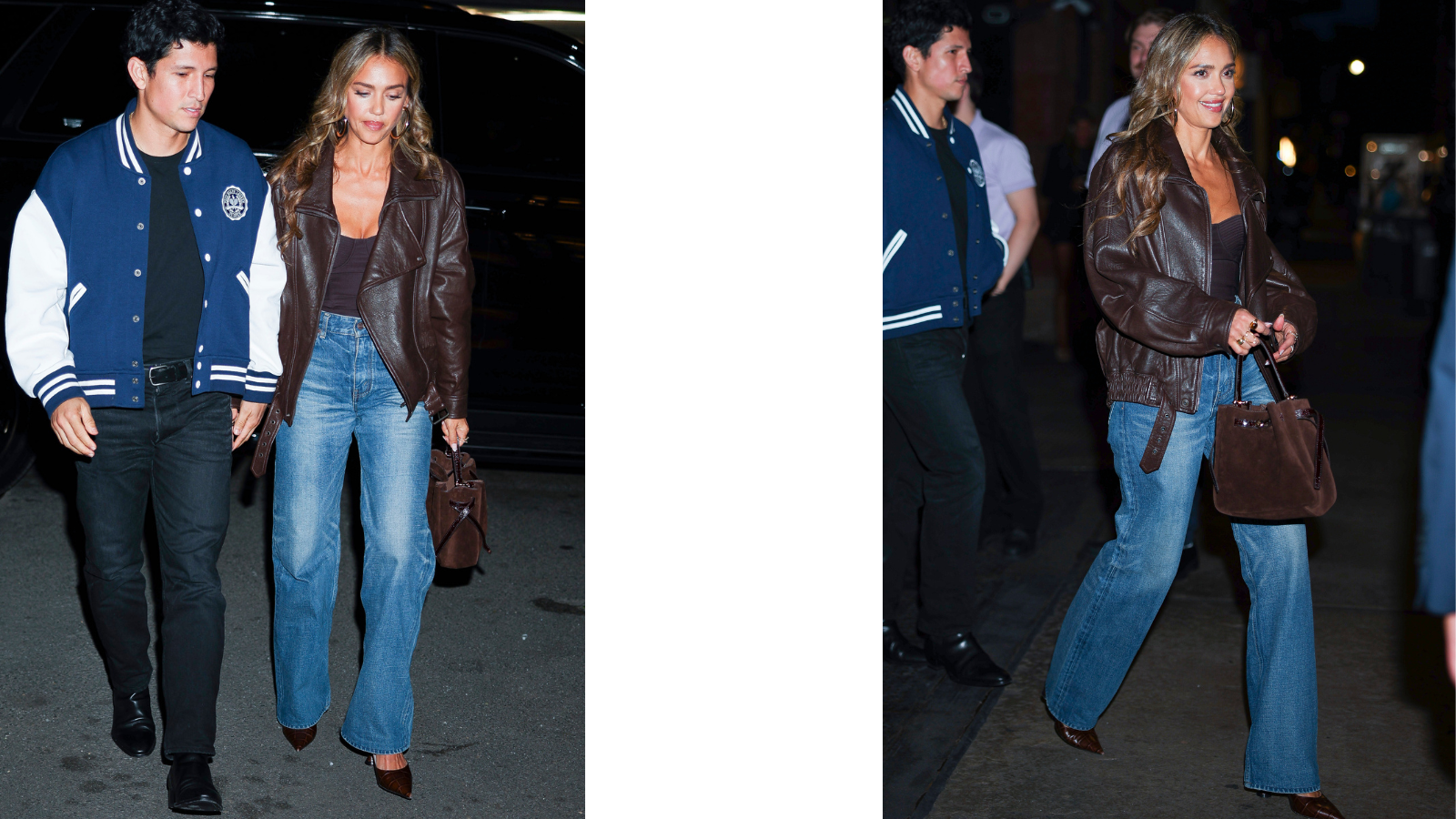 Jessica Alba wearing a brown leather jacket and flared jeans