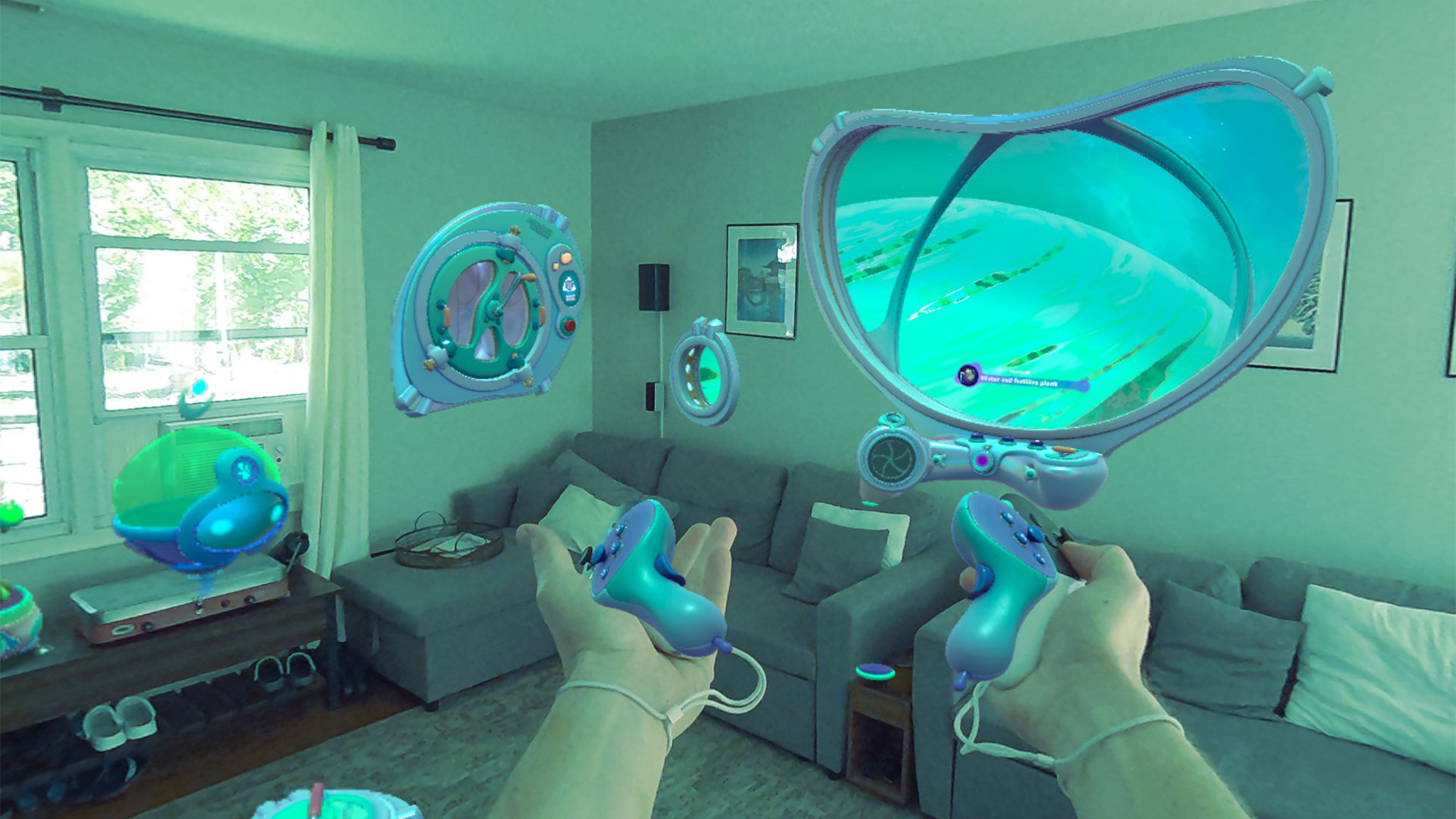 Viewing my living room in mixed reality as a starship in Starship Home through the lenses of a Meta Quest 3S