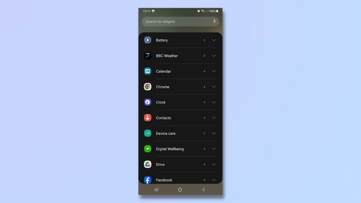 Captura de pantalla que muestra cómo se acumulan los widgets en un teléfono Samsung Galaxy: seleccione la aplicación