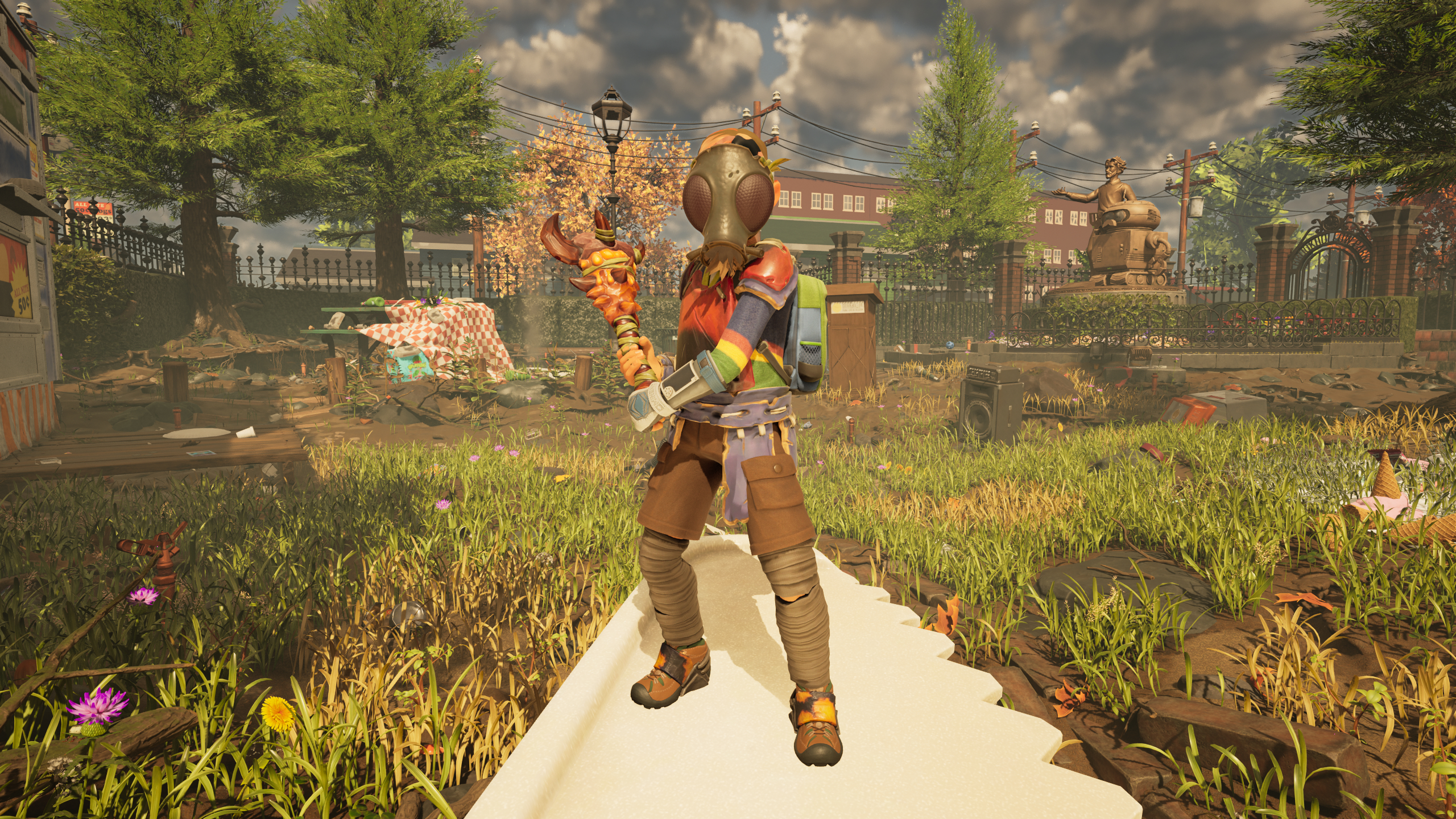 Grounded 2 stinkbug parts gas sacks: A player wearing a gas mask and holding a club, standing on a plastic knife overlooking all of Brookhollow Park.