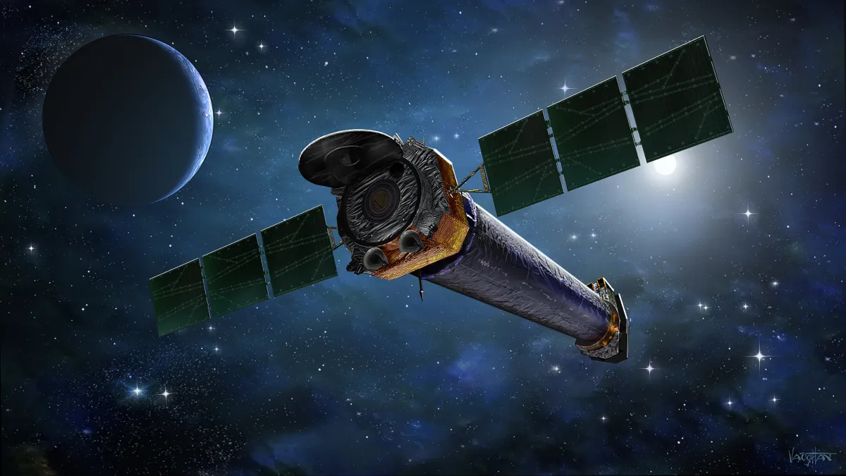a long spacecraft in blue tinted space
