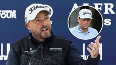 Main image of David Howell speaking ahead of the Alfred Dunhill Links Championship in 2023 with inset photo of Keegan Bradley from the BMW Championship in 2025 (top right)