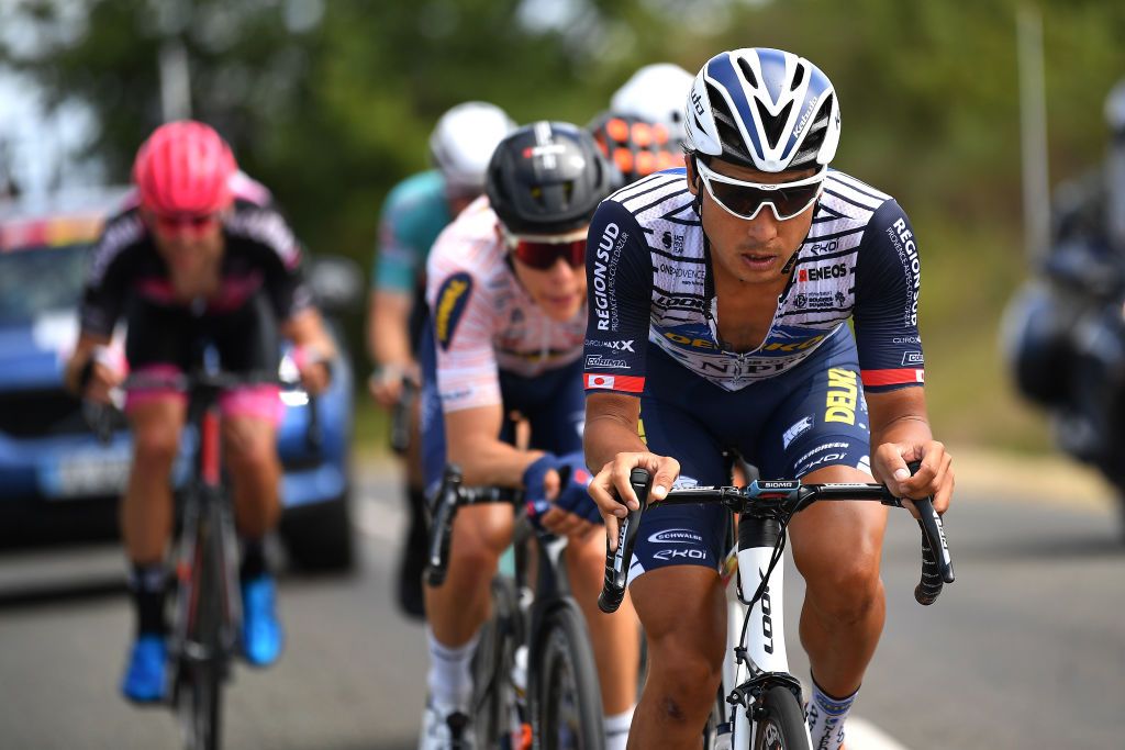 CAP DCOUVERTE FRANCE AUGUST 02 Fumiyuki Beppu of Japan and Team Nippo Delko Provence Samuel Leroux of France and Team Natura4Ever Roubaix Lille Mtropole during the 44th La Route dOccitanie La Depeche du Midi 2020 Stage 2 a 1745km stage from Carcassonne to Cap Dcouverte 344m RouteOccitanie RDO2020 on August 02 2020 in Cap Dcouverte France Photo by Justin SetterfieldGetty Images