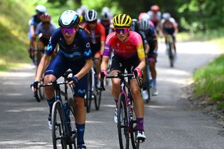 LE MARKSTEIN FRANCE JULY 30 LR Annemiek Van Vleuten of Netherlands and Movistar Team and Demi Vollering of Netherlands and Team SD Worx compete during the 1st Tour de France Femmes 2022 Stage 7 a 1271km stage from Slestat to Le Marksteinc TDFF UCIWWT on July 30 2022 in Le Markstein France Photo by Tim de WaeleGetty Images