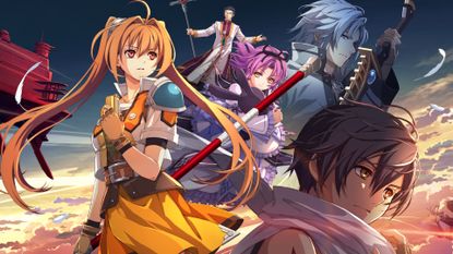 Estelle and Joshua Bright stand in front of a montage of characters in the sky in Trails in the Sky 2nd Chapter