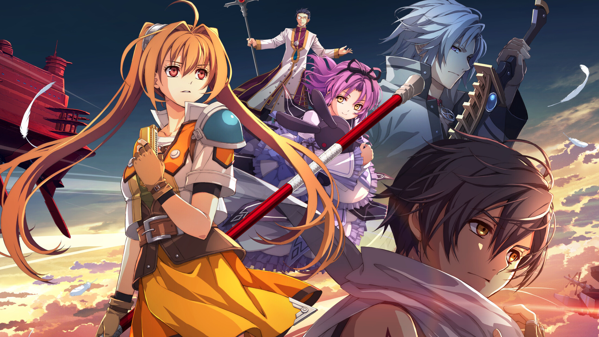 Estelle and Joshua Bright stand in front of a montage of characters in the sky in Trails in the Sky 2nd Chapter