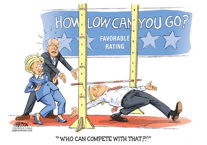 Political Cartoon U.S. Trump Hillary Bernie Decision 2016
