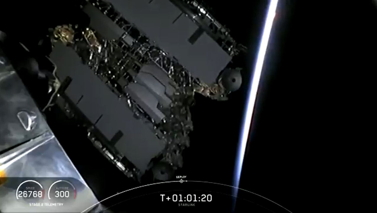 A view of SpaceX's 60 Starlink satellites being deployed all at once after a successful launch into orbit on Nov. 11, 2019.
