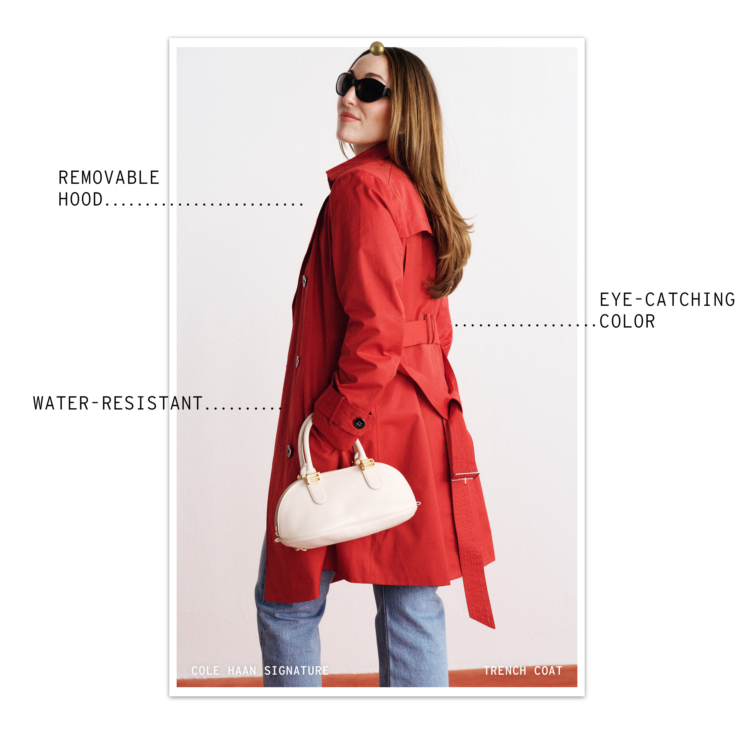Anna wears a red trench coat, white bag, and jeans.