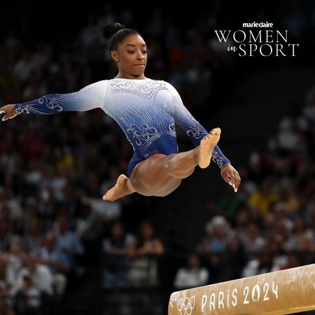 PARIS, FRANCE - AUGUST 05: Simone Biles of Team United States warms up prior to the Artistic Gymnastics Women's Balance Beam Final on day ten of the Olympic Games Paris 2024 at Bercy Arena on August 05, 2024 in Paris, France. (Photo by Jamie Squire/Getty Images)