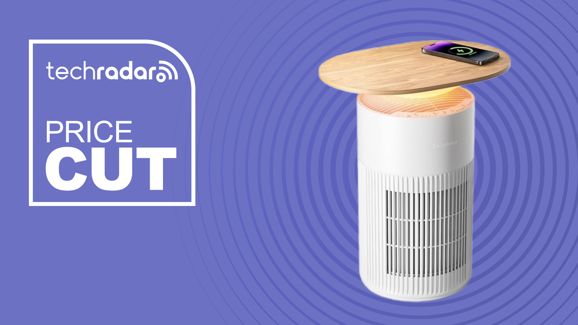 The SwitchBot Air Purifier Table is pictured against a purple background next to white text which reads &quot;Price Cut&quot;.