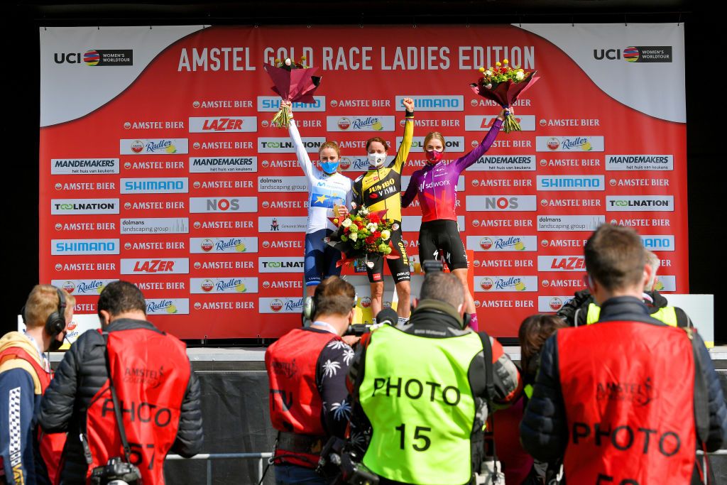 BERG NETHERLANDS APRIL 18 Podium Annemiek Van Vleuten of Netherlands and Movistar Team Marianne Vos of Netherlands and Jumbo Visma Team Demi Vollering of Netherlands and Team SD Worx Celebration during the 7th Amstel Gold Race 2021 Womens Elite a 1163km race from Valkenburg to Berg en Terblijt Amstelgoldrace amstelgoldrace UCIWWT on April 18 2021 in Berg Netherlands Photo by Luc ClaessenGetty Images