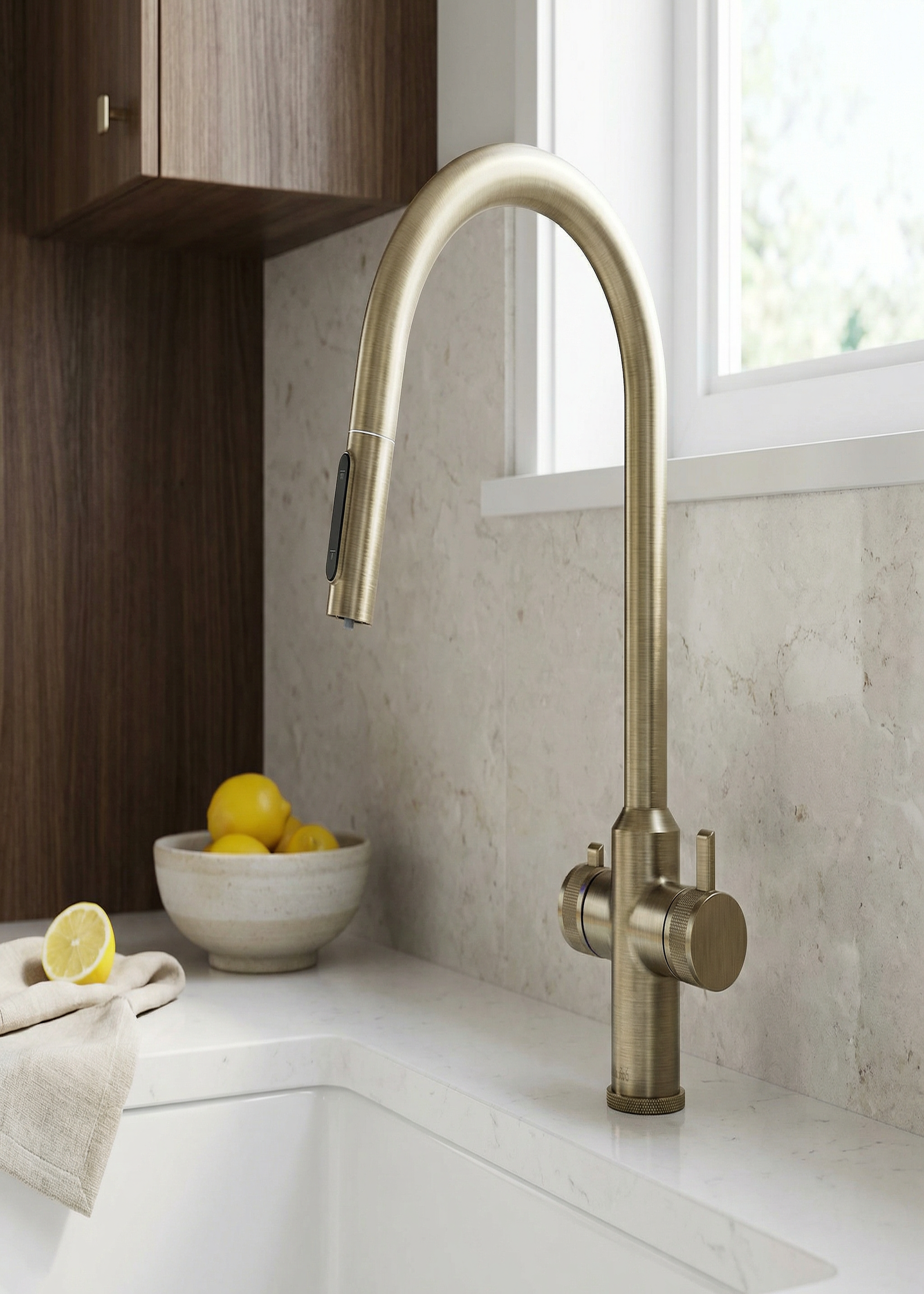A brushed brass tap with swan neck that can dispense boiling water