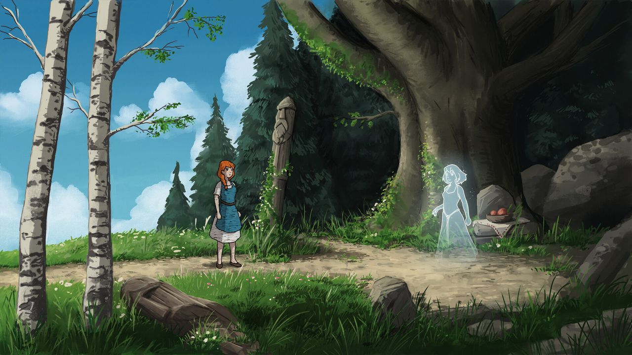 Woman approaching ghost in cave entrance