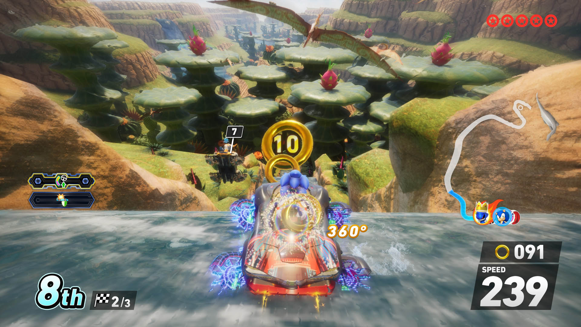 Sonic rides down a waterway in a boar in Dino Jungle in Sonic Racing: CrossWorlds