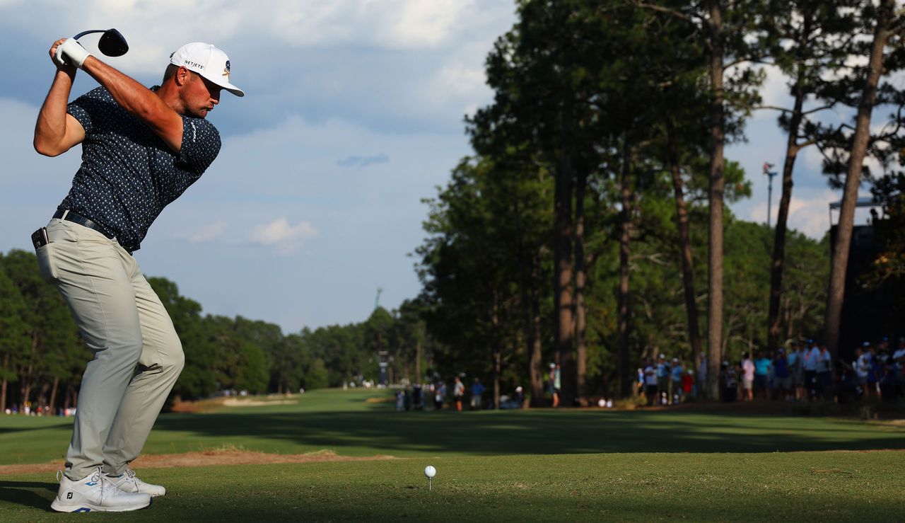 Bryson DeChambeau at the top of his backswing with a driver