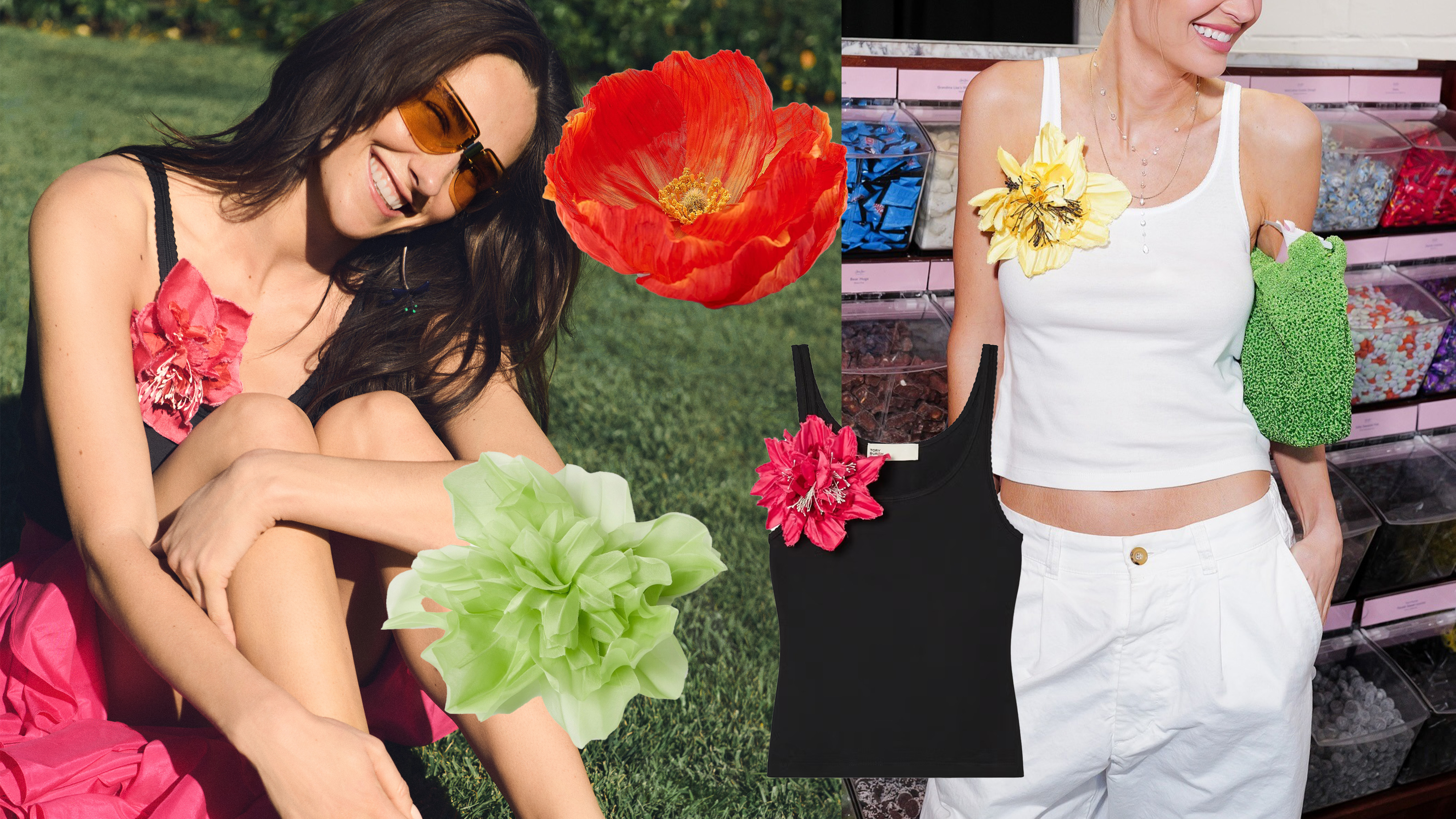 A collage showing Tory Burch's flower pin tank top and more flower pins.