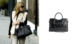 Kate Moss carrying Balenciaga City bag next to a product image of the bag