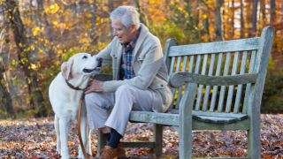 Man sitting on park bench with his dog