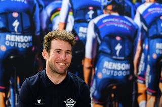 Mark Cavendish speaks during the QuickStep-AlphaVinyl team presentation in Spain