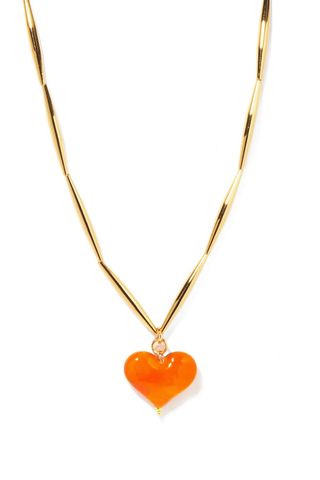 orange glass heart on chunky gold necklace, gold jewellery