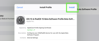 iPadOS 15 beta how to download: tap Install