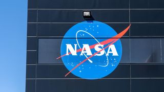 The NASA logo on the side of a building at the Johnson Space Center