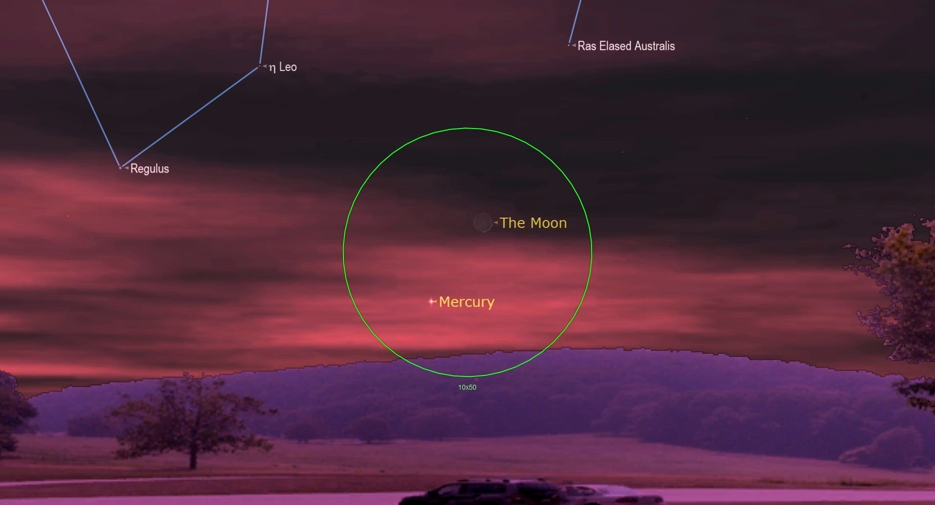 Starry Night graphic showing new moon and Mercury.