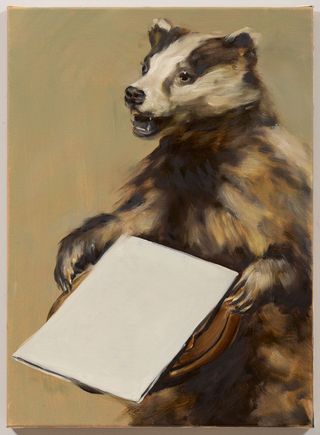 The painting of a badger is holding a piece of paper.