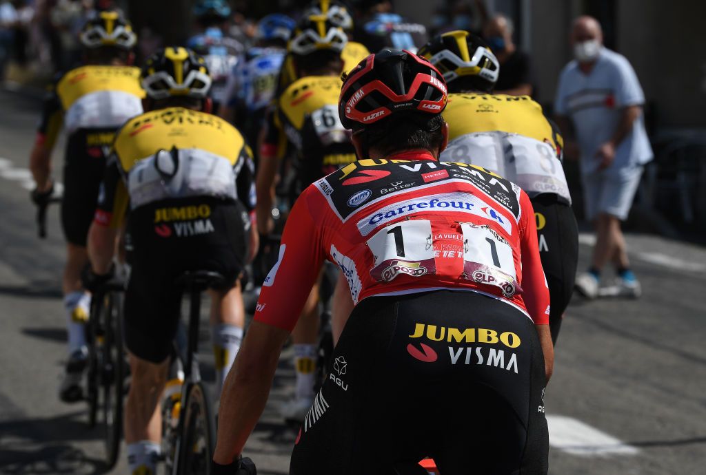 MONFORTE DE LEMOS SPAIN SEPTEMBER 03 Detailed view of Primoz Roglic of Slovenia and Team Jumbo Visma red leader jersey competes during the 76th Tour of Spain 2021 Stage 19 a 1912 km stage from Tapia to Monforte de Lemos lavuelta LaVuelta21 on September 03 2021 in Monforte de Lemos Spain Photo by Tim de WaeleGetty Images