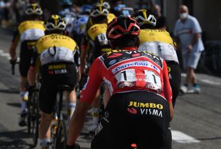 MONFORTE DE LEMOS SPAIN SEPTEMBER 03 Detailed view of Primoz Roglic of Slovenia and Team Jumbo Visma red leader jersey competes during the 76th Tour of Spain 2021 Stage 19 a 1912 km stage from Tapia to Monforte de Lemos lavuelta LaVuelta21 on September 03 2021 in Monforte de Lemos Spain Photo by Tim de WaeleGetty Images
