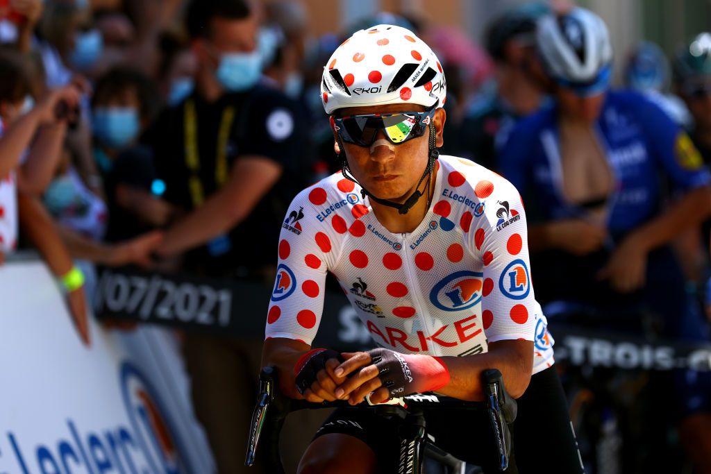NMES FRANCE JULY 08 Nairo Quintana of Colombia and Team Arka Samsic Polka Dot Mountain Jersey at start during the 108th Tour de France 2021 Stage 12 a 1594km stage from SaintPaulTroisChateaux to Nimes LeTour TDF2021 on July 08 2021 in Nmes France Photo by Michael SteeleGetty Images