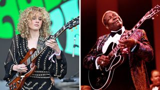 Left-Grace Bowers performs on Day 1 of BottleRock Napa Valley at Napa Valley Expo on May 24, 2024 in Napa, California; Right-B.B. King playing his guitar Lucille